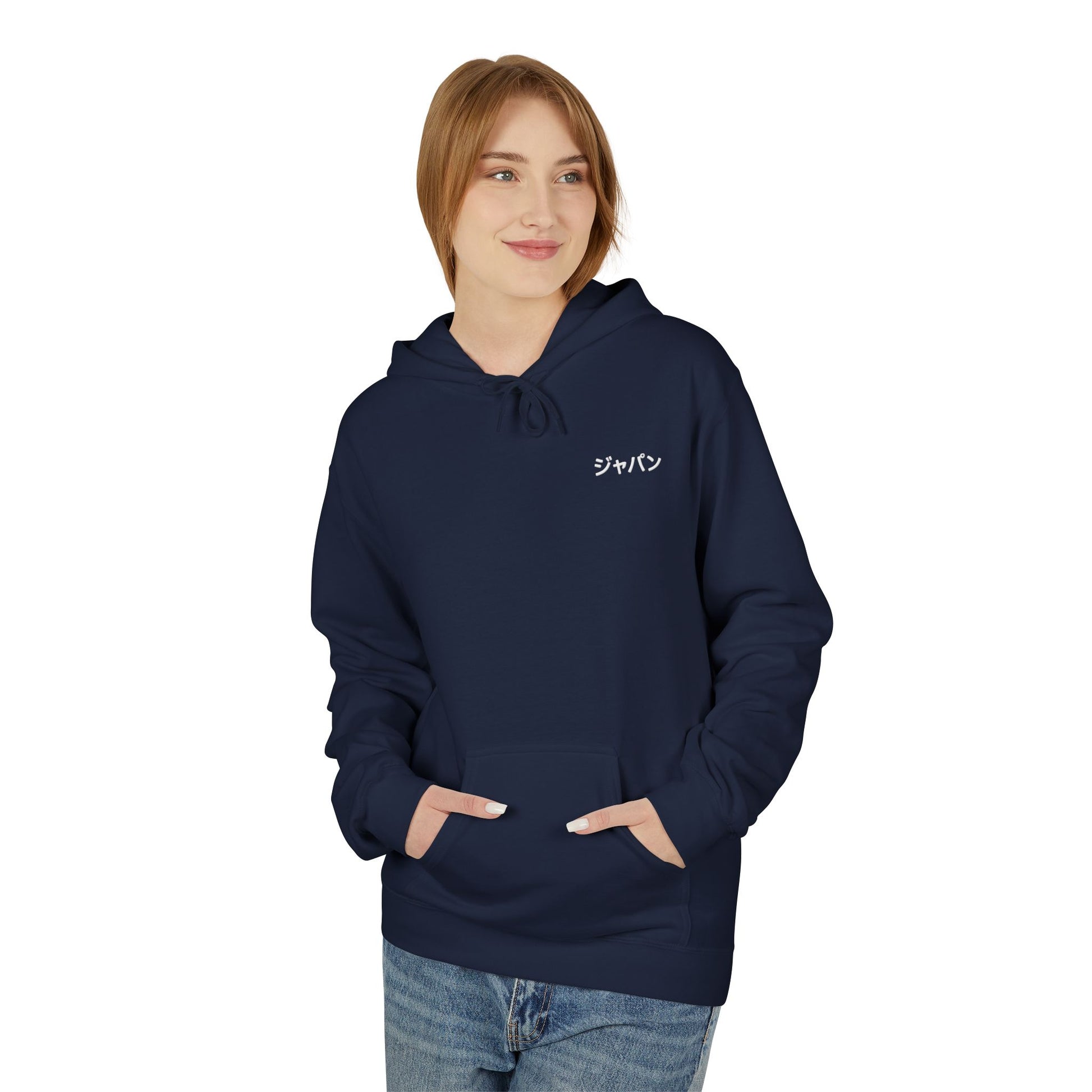 Person wearing a black hoodie with text on a white background