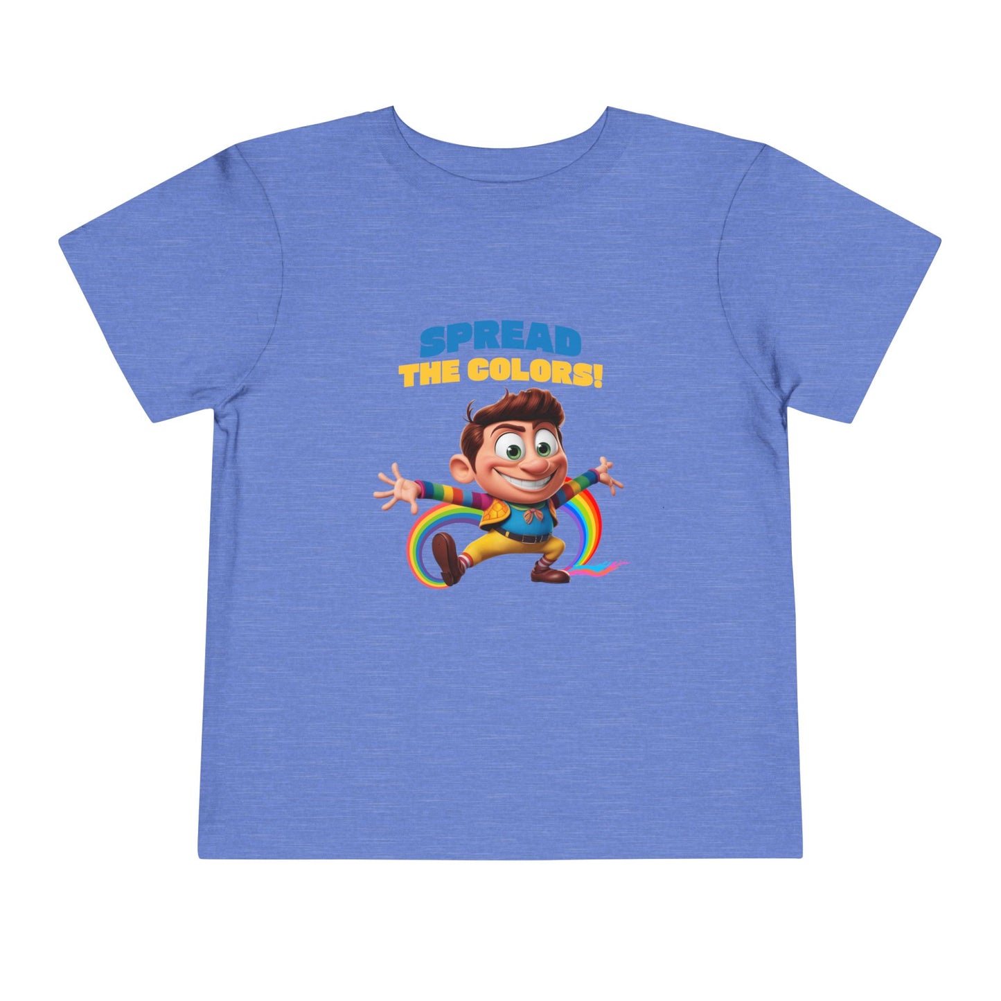 Cartoon boy jumping with rainbow trail and "Spread the Colors!" text on heather columbia blueT-shirt.

