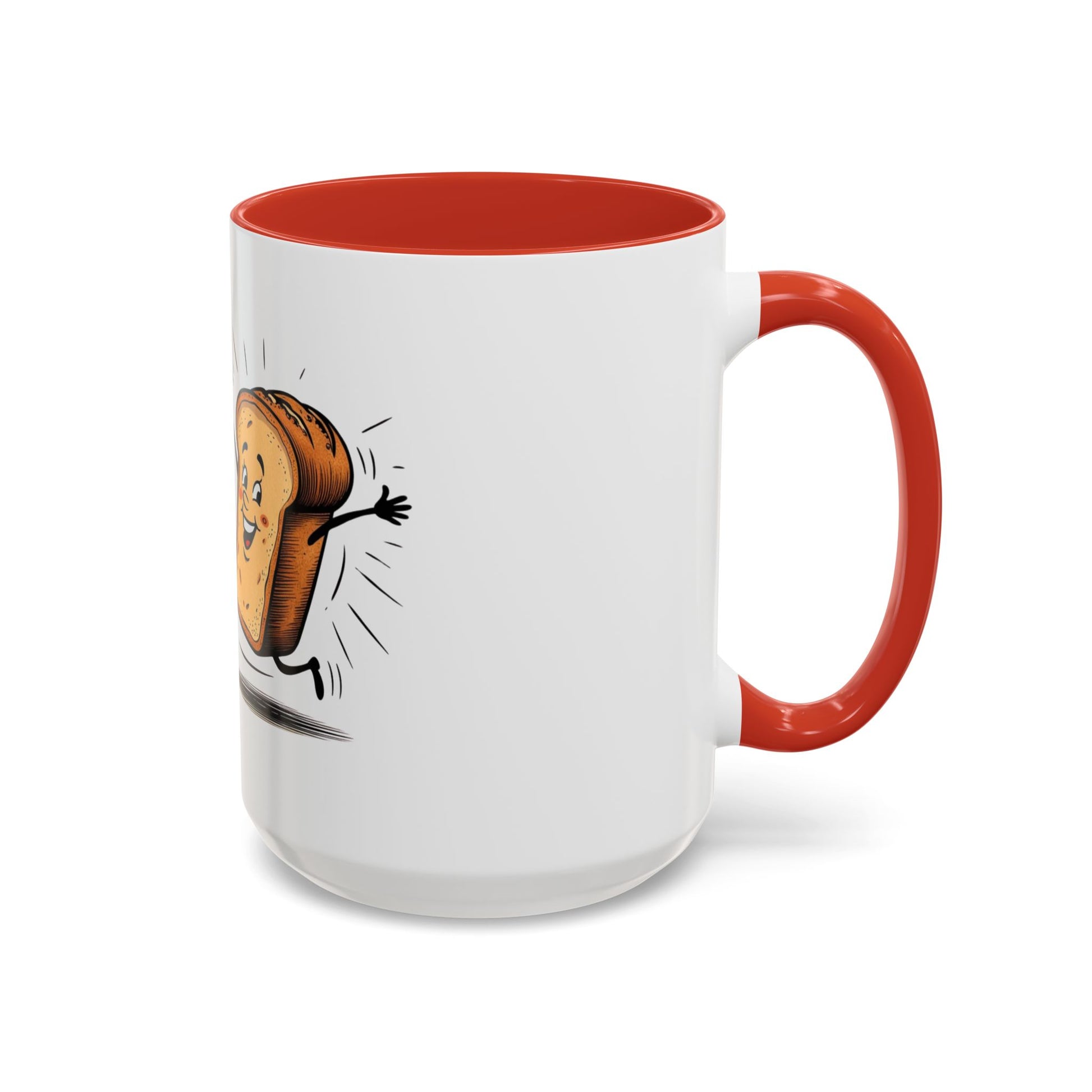White mug with red interior and handle, featuring a cartoon bread design on a white background.