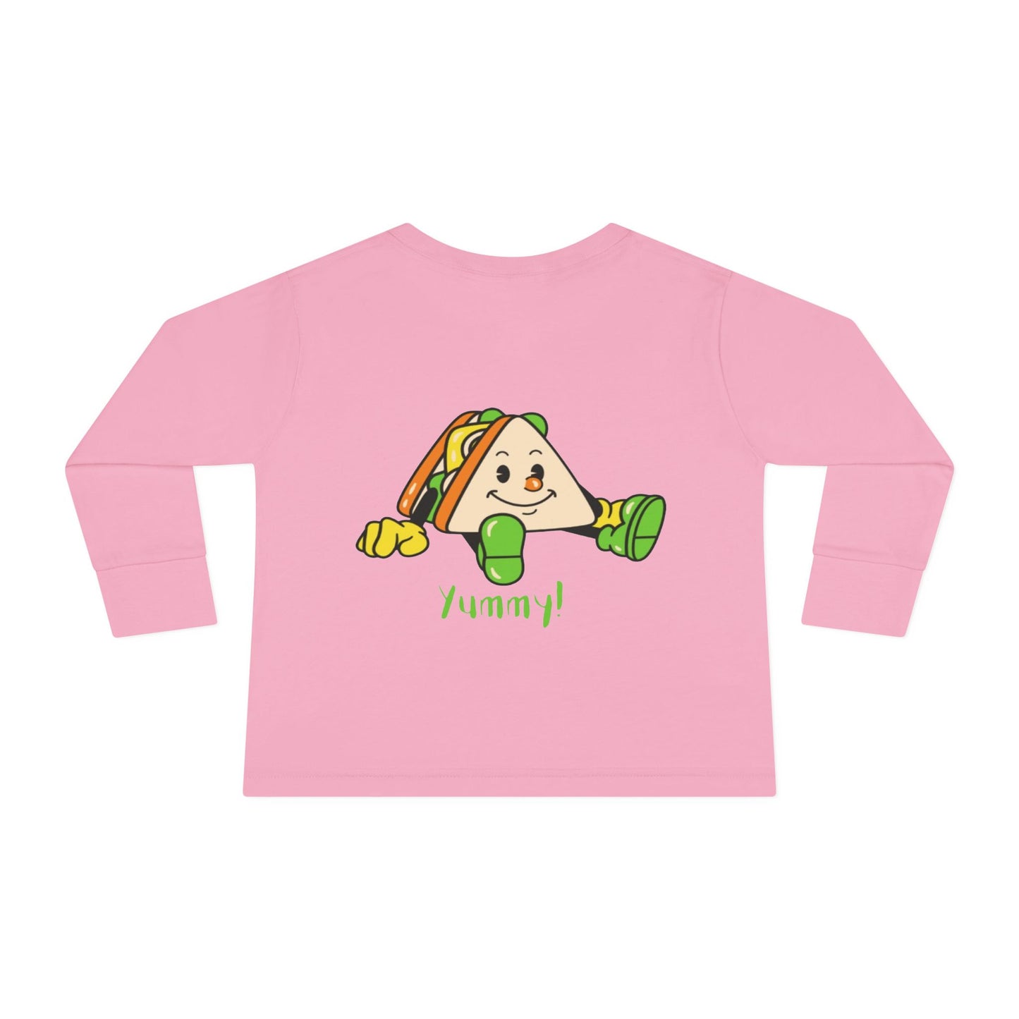 Pink long-sleeve shirt with a cartoon taco design and 'Yummy!' text on a white background
