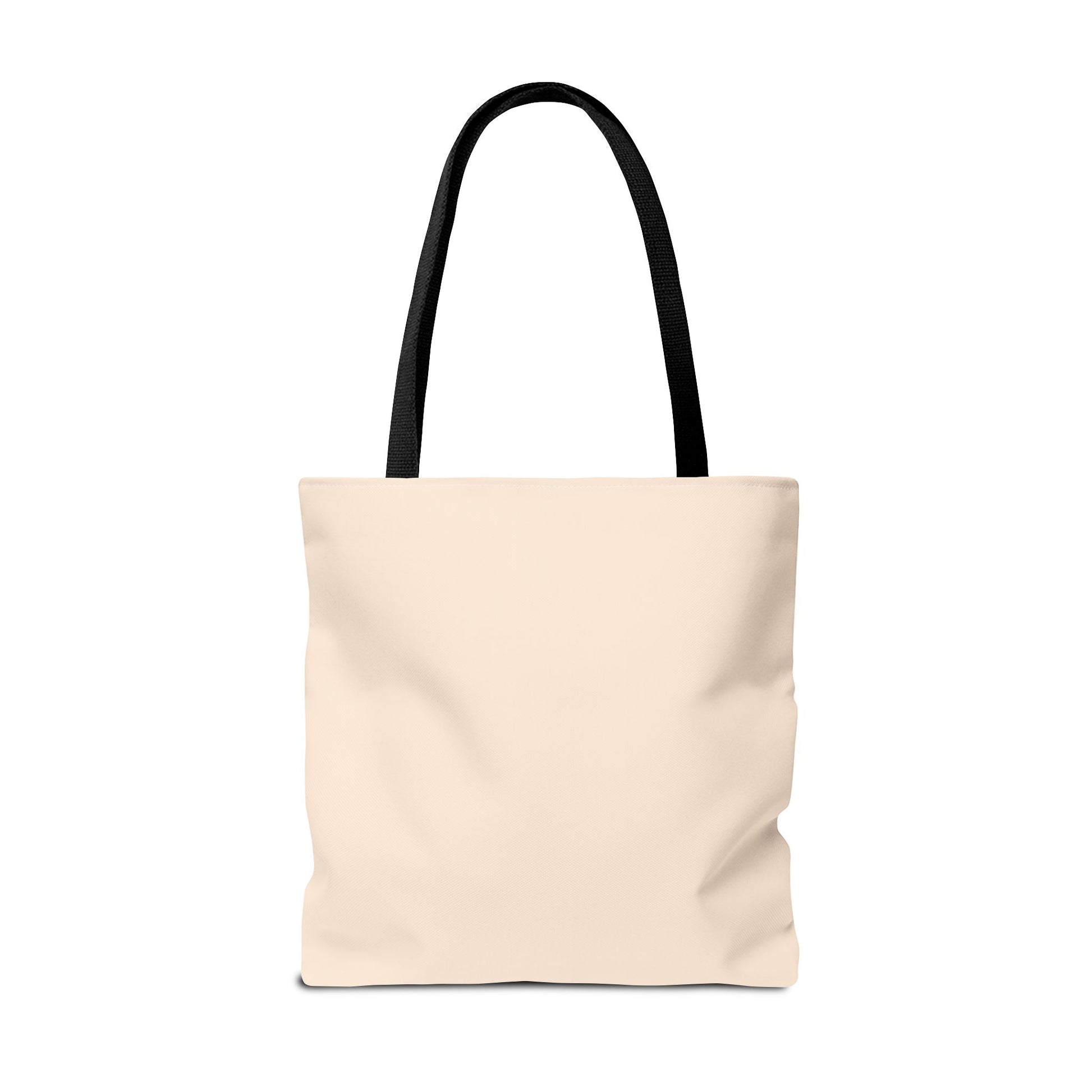 Beige tote bag with black handles on a white background