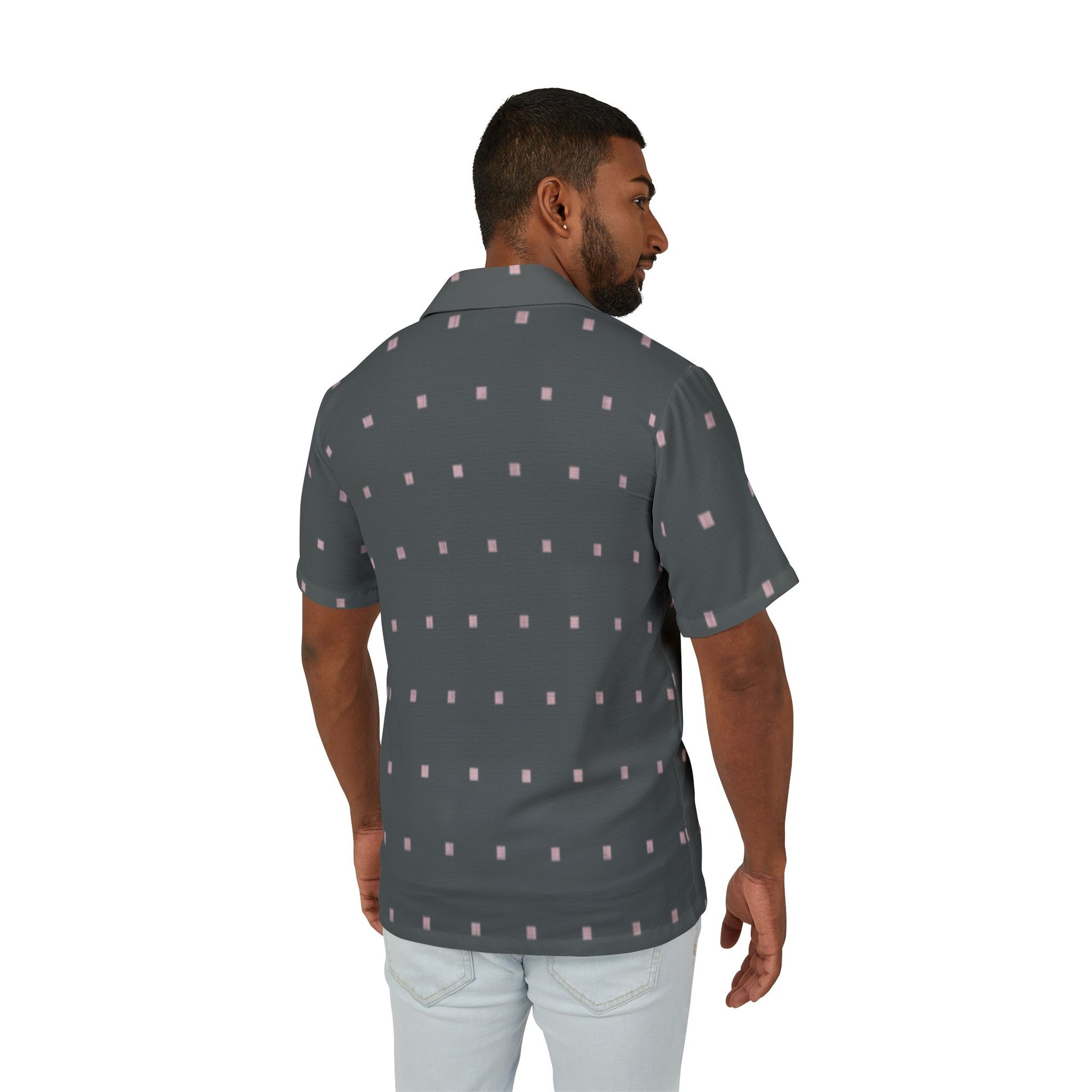 Men’s grey Hawaiian shirt with tiny pink square pattern


