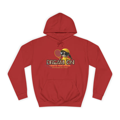  A fire red  unisex hoodie with a graphic print of a bee and the text 'DREAM ON' on the front.