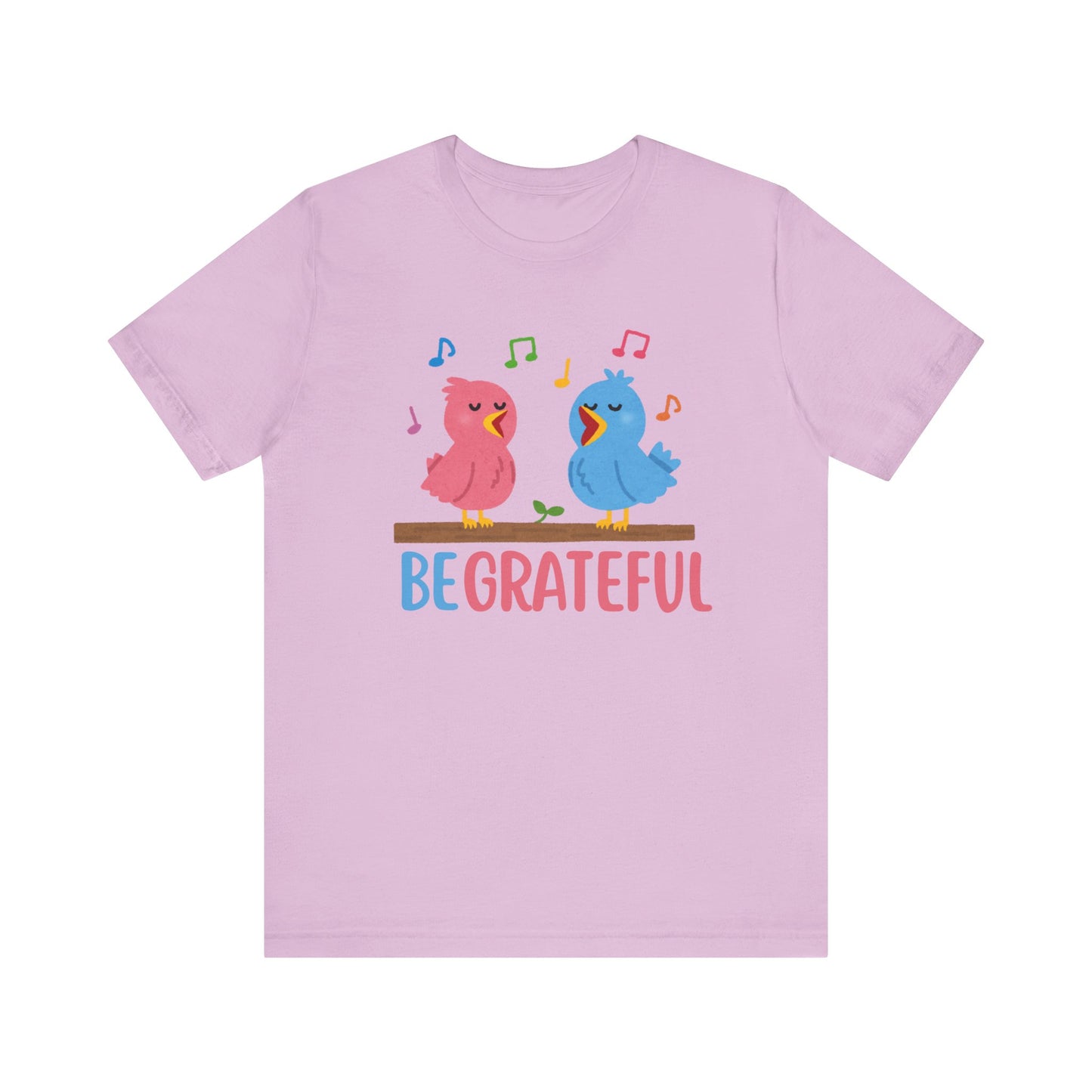 T-shirt with “Be Grateful” text and two bird illustrations – inspirational and nature-themed design for everyday wear.