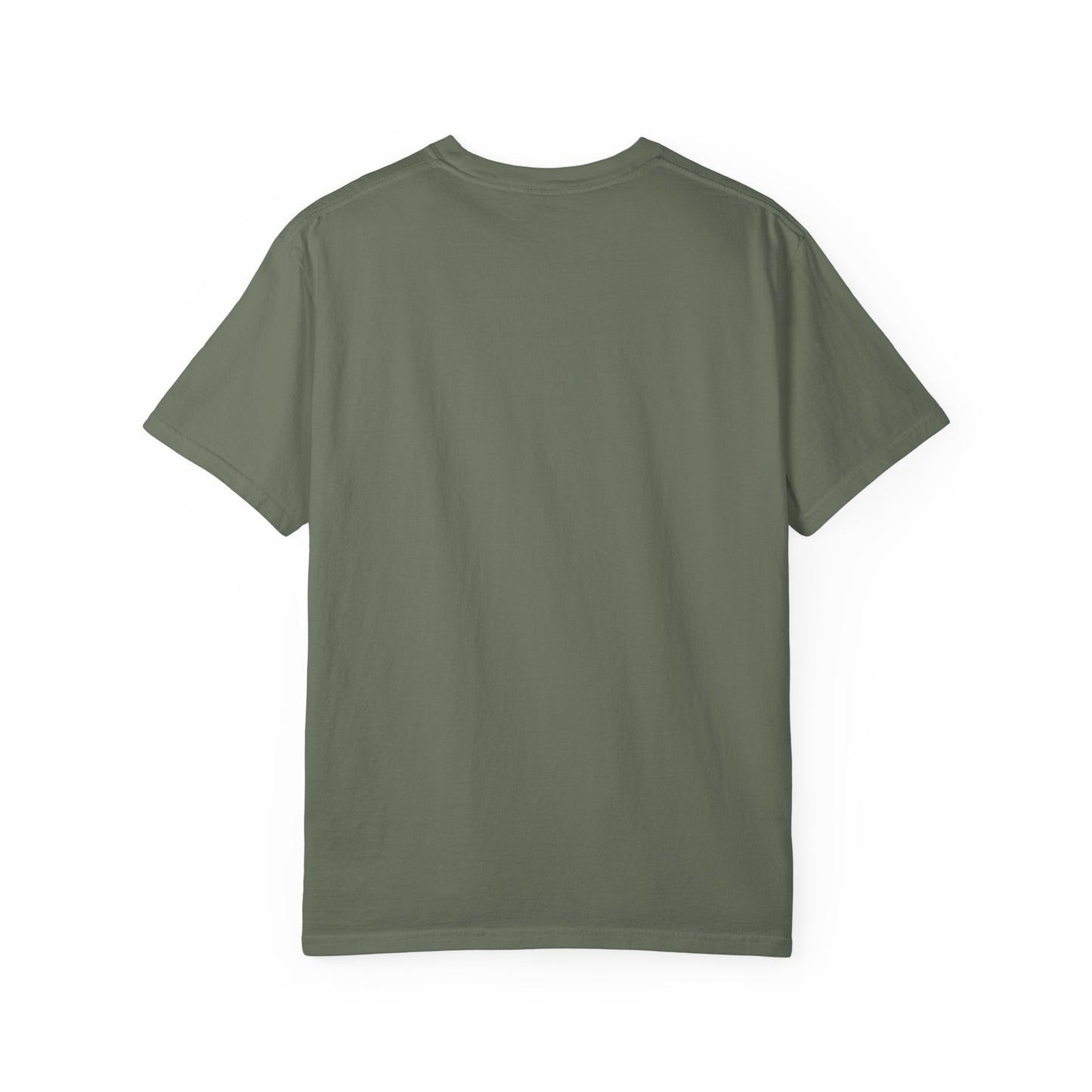 Rear view of plain back side garment-dyed t-shirt