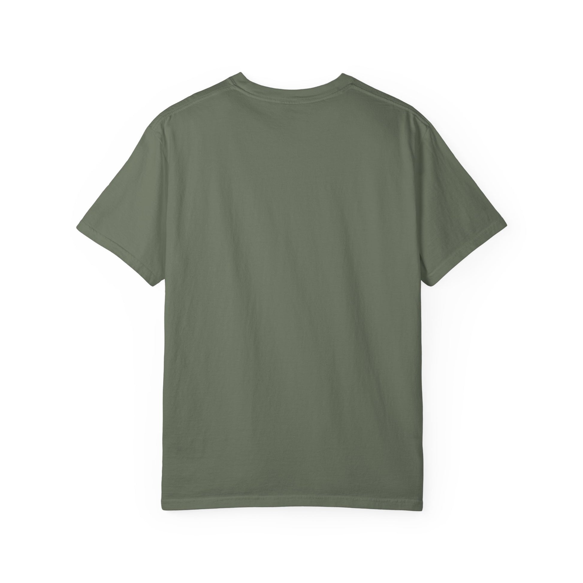 Rear view of plain back side garment-dyed t-shirt