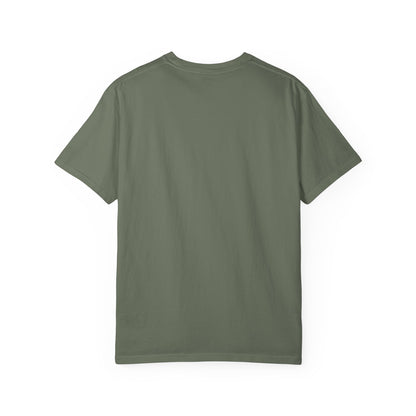 Rear view of plain back side garment-dyed t-shirt