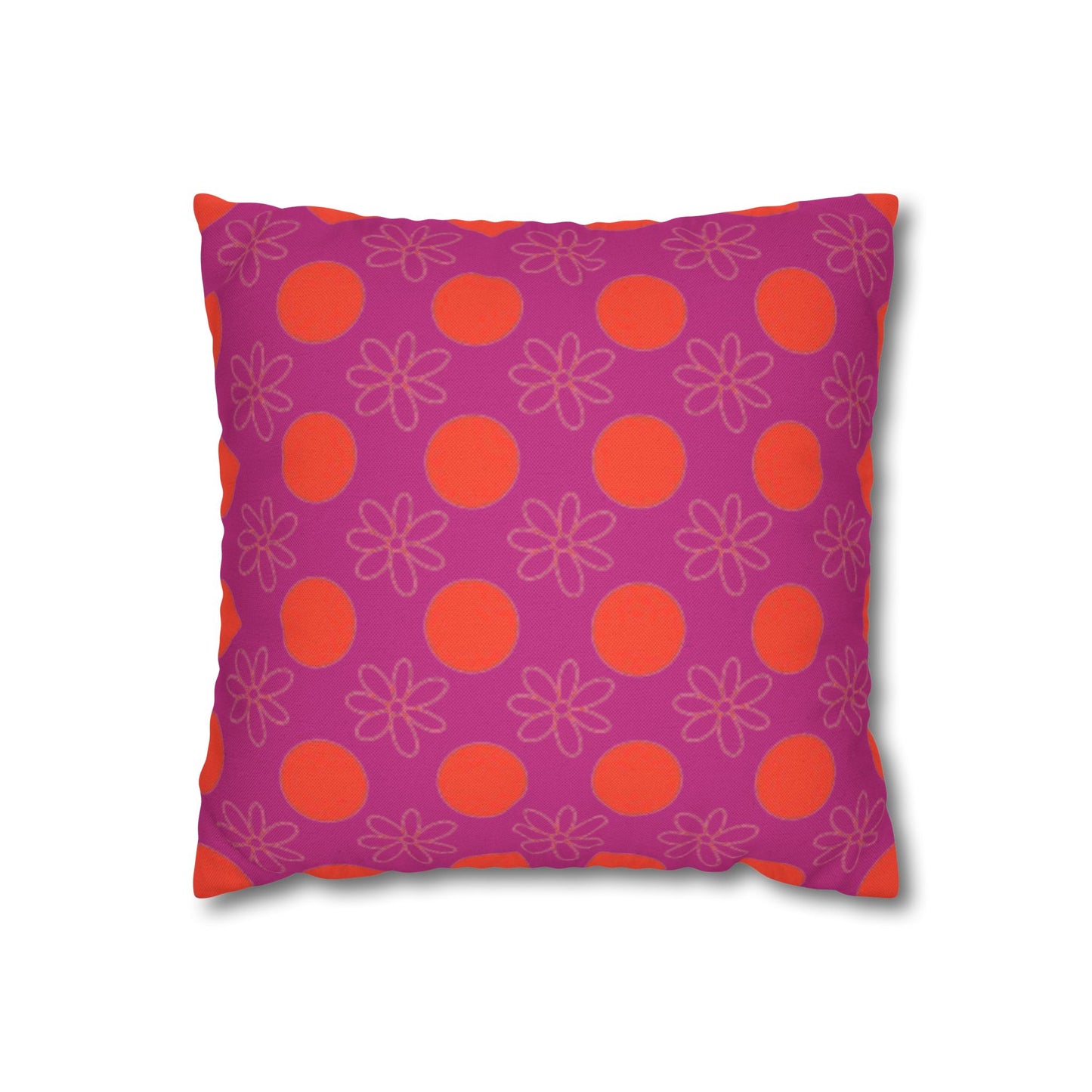 A square-shaped pillowcase with a pattern of orange circles and flowers on a purple background.