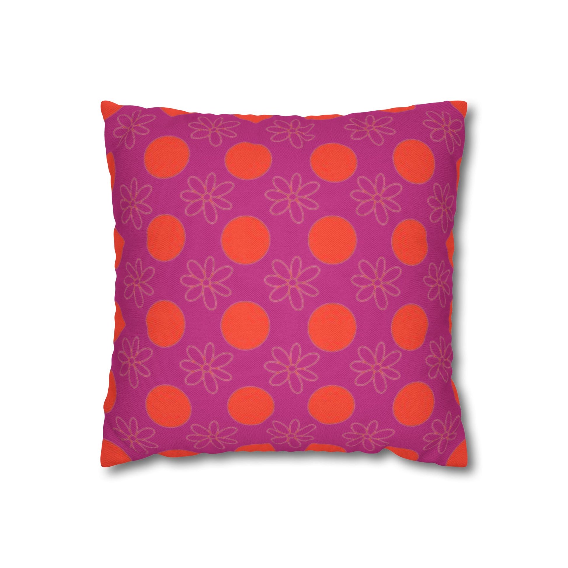 A square-shaped pillowcase with a pattern of orange circles and flowers on a purple background.