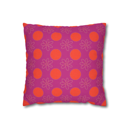 A square-shaped pillowcase with a pattern of orange circles and flowers on a purple background.