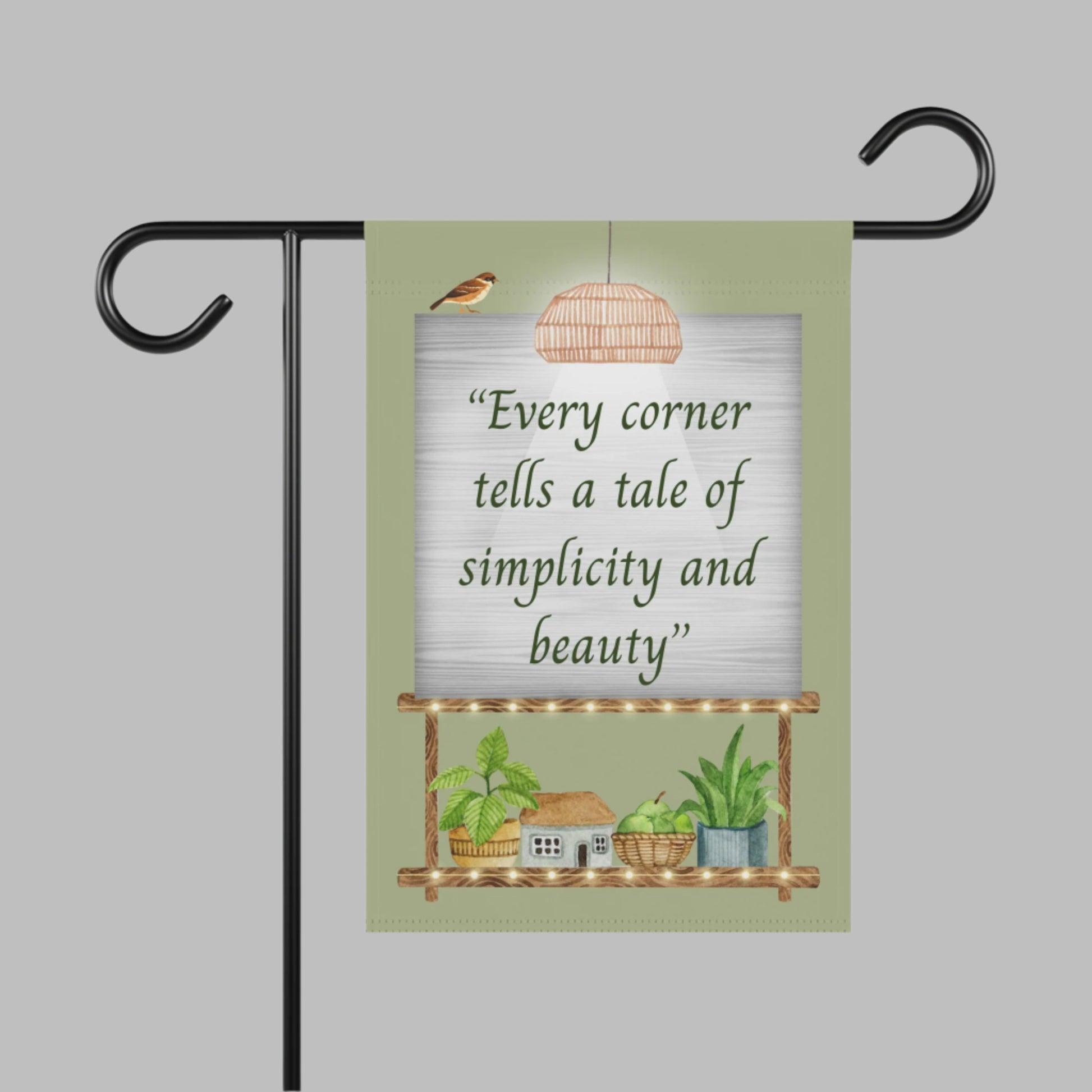 A warm and aesthetic home corner decorated with indoor plants, natural textures, and minimalistic decor elements. The banner features the Hindi quote “हर कोना बोले – सादगी और सुंदरता की कहानी” meaning “Every corner tells a tale of simplicity and beauty.”

