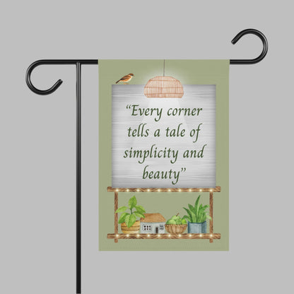 A warm and aesthetic home corner decorated with indoor plants, natural textures, and minimalistic decor elements. The banner features the Hindi quote “हर कोना बोले – सादगी और सुंदरता की कहानी” meaning “Every corner tells a tale of simplicity and beauty.”


