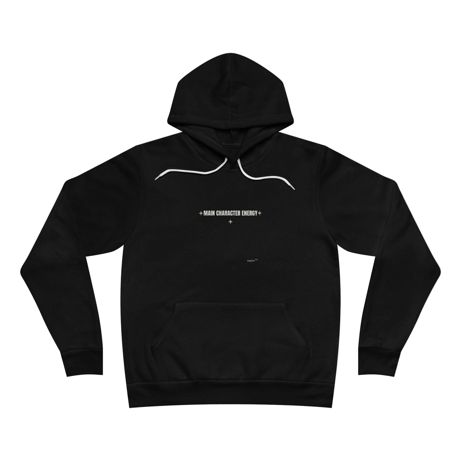 Black hoodie with white text on a white background