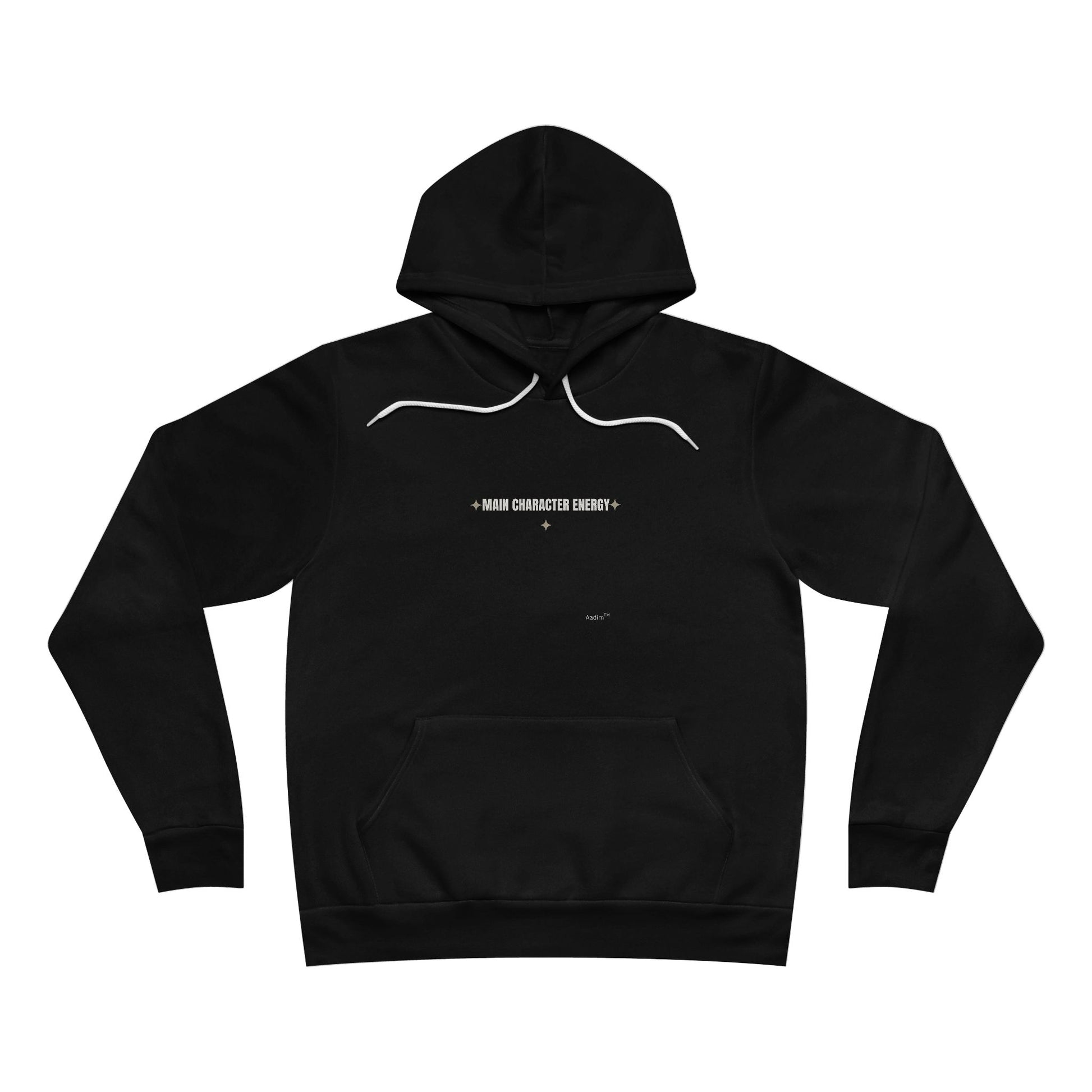 Black hoodie with white text on a white background