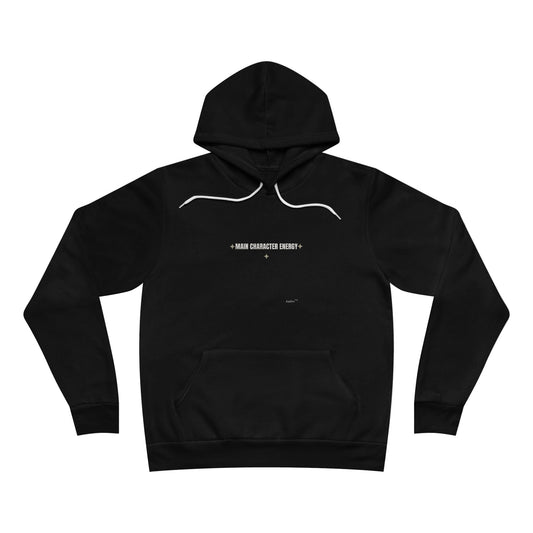 Black hoodie with white text on a white background