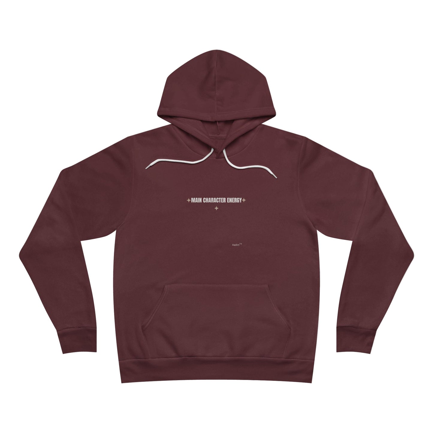 Maroon hoodie with white text on a white background