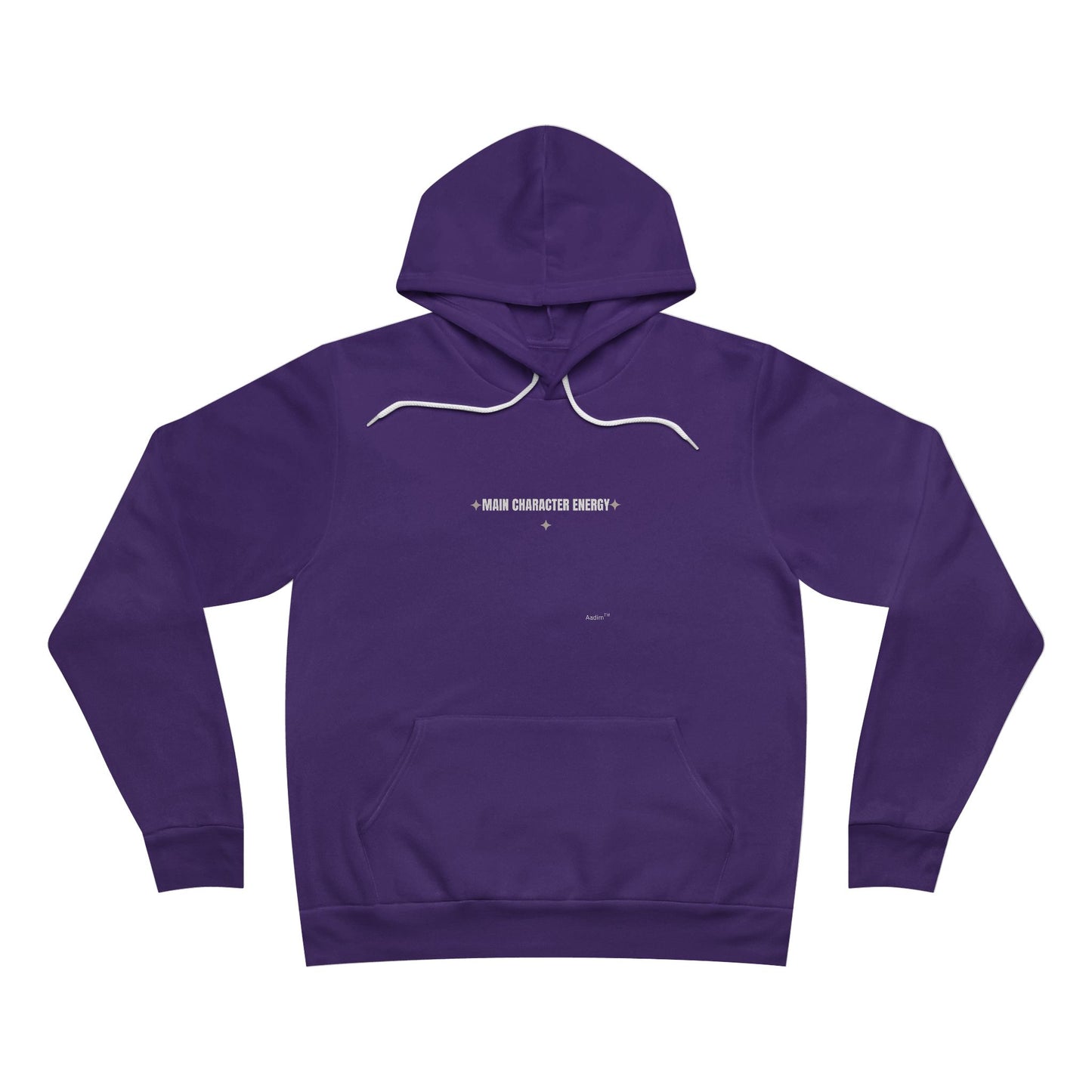 Purple hoodie with white text on a white background