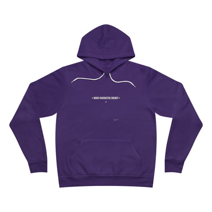 Purple hoodie with white text on a white background