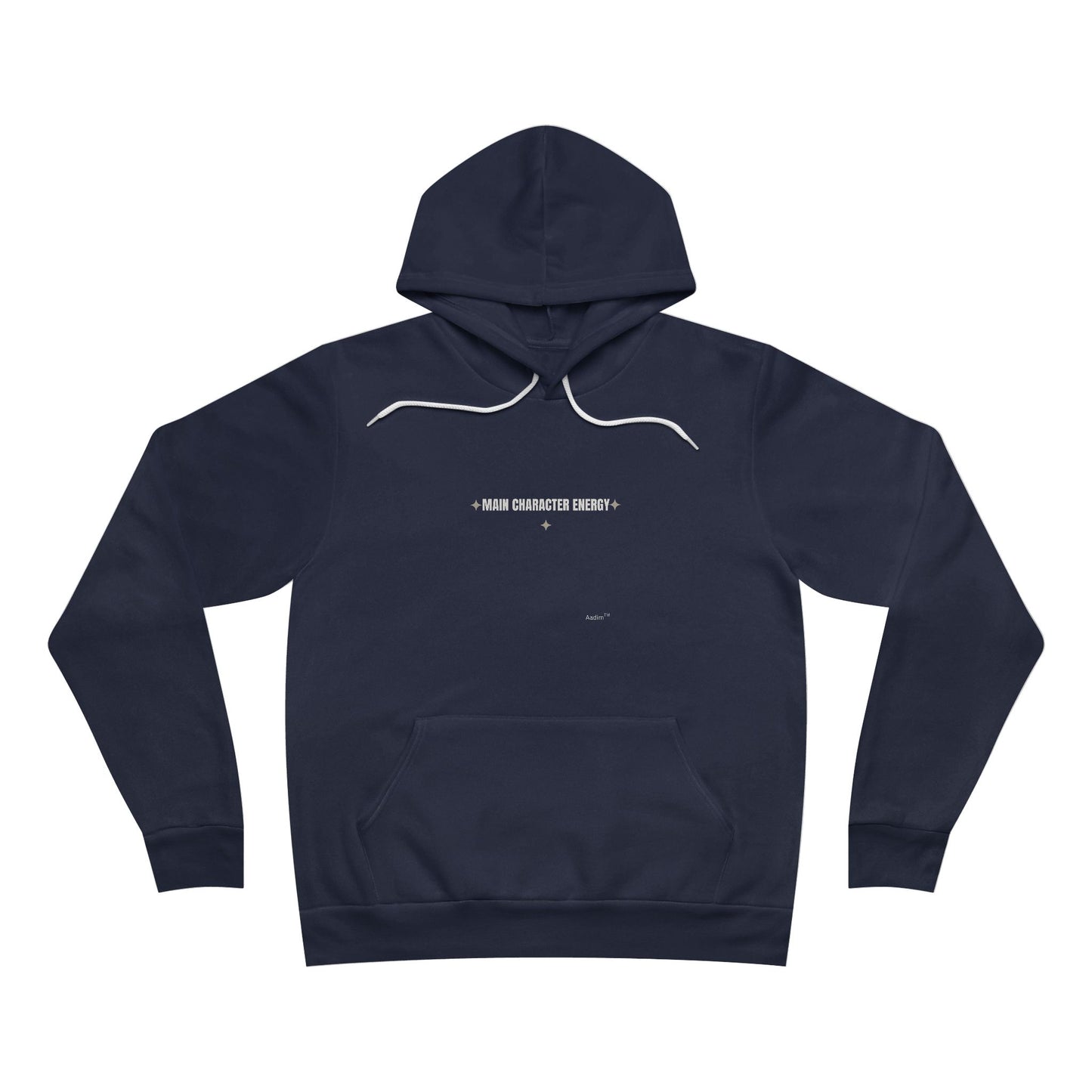 Navy blue hoodie with white text on a white background