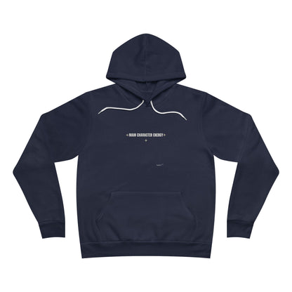 Navy blue hoodie with white text on a white background