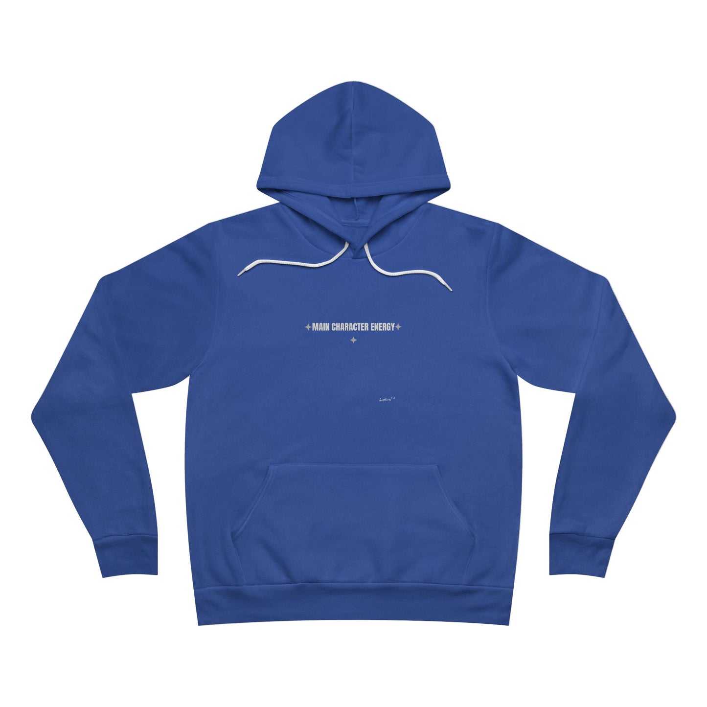 Blue hoodie with white text on a white background