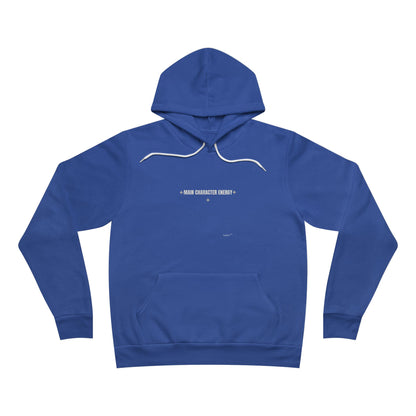 Blue hoodie with white text on a white background