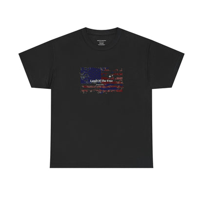 Black t-shirt with a colorful graphic design on a white background