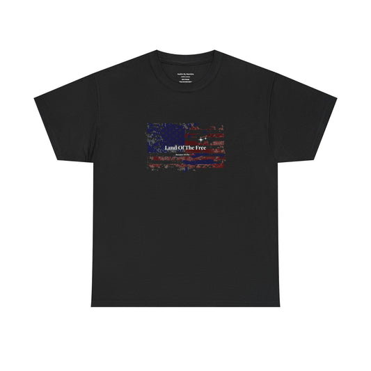 Black t-shirt with a colorful graphic design on a white background