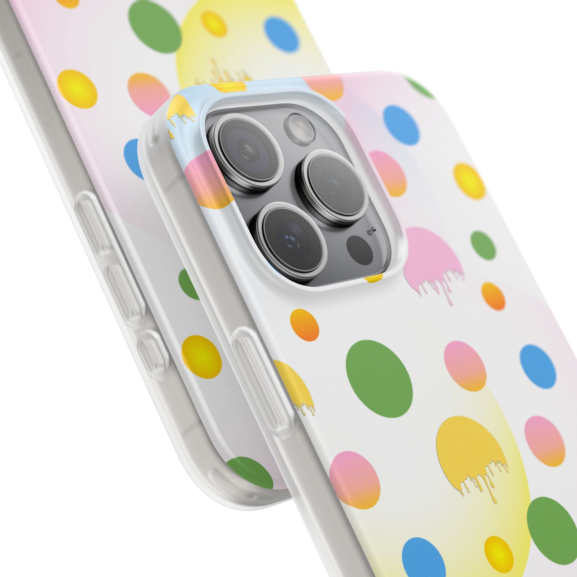 Phone case with colorful polka dot pattern on a white background