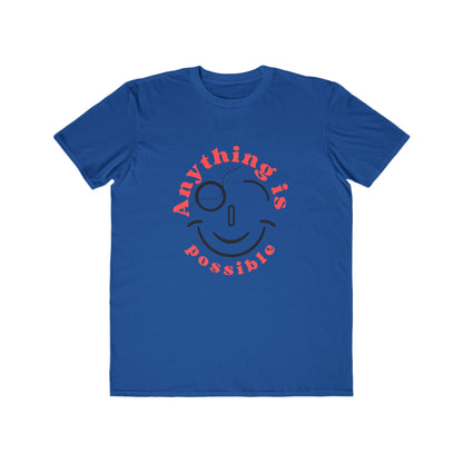 Blue t-shirt with a smiley face and 'Anything is possible' text on a white background