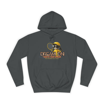 A steel gray unisex hoodie with a graphic print of a bee and the text 'DREAM ON' on the front.