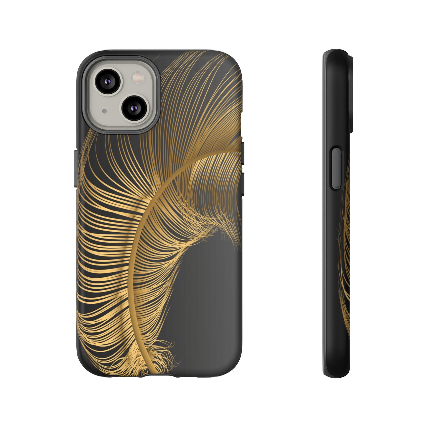 Matte black I phone 14 case with golden feather design-elegant and prtective