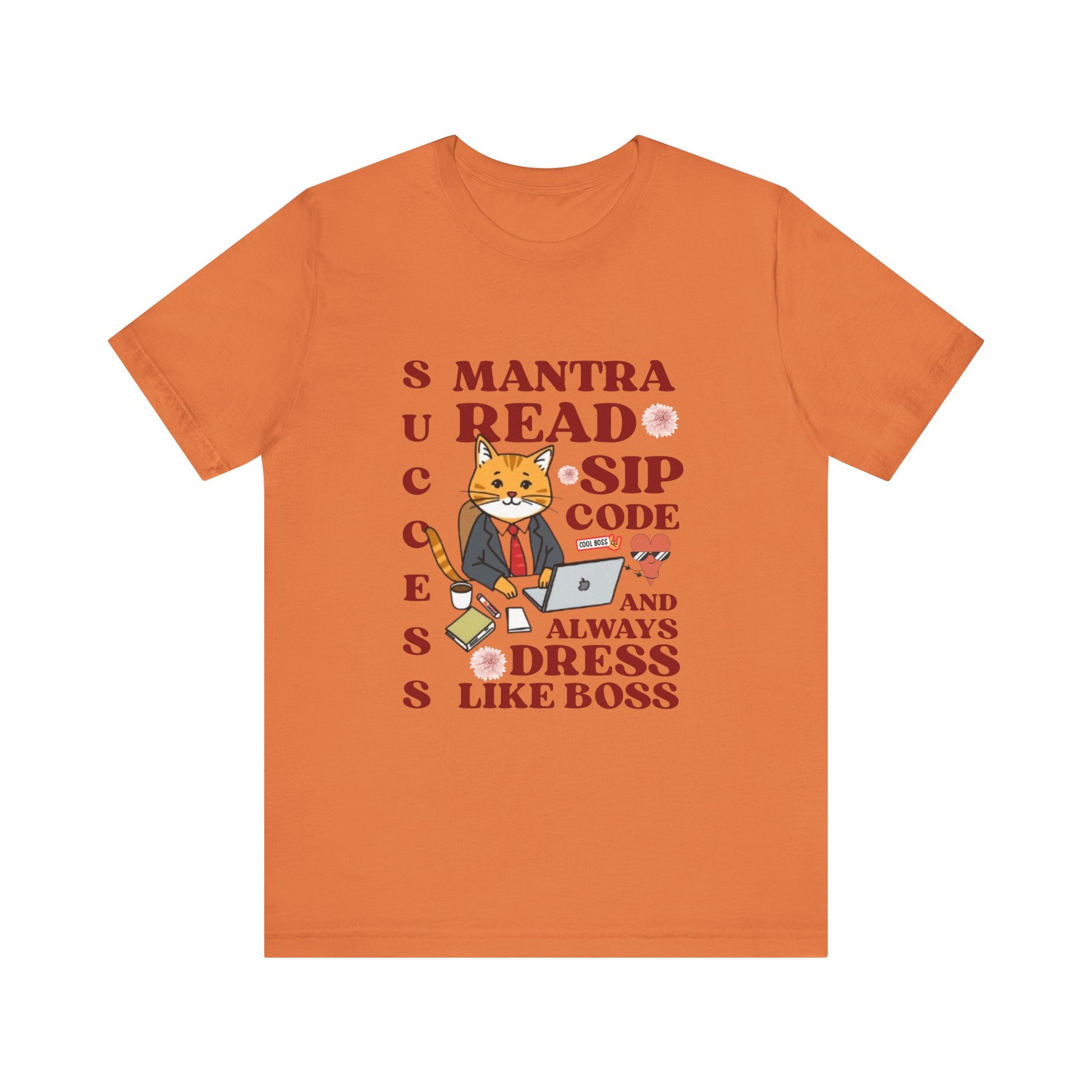Orange t-shirt with a fox graphic and text on a white background