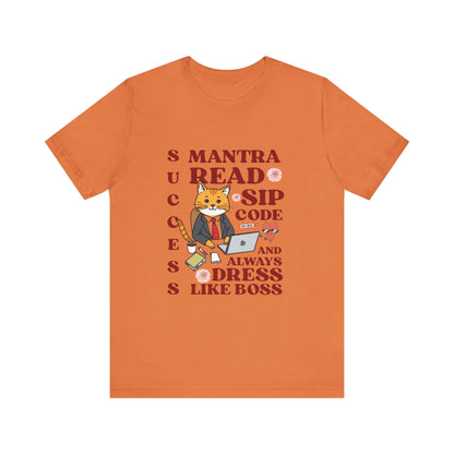 Orange t-shirt with a fox graphic and text on a white background