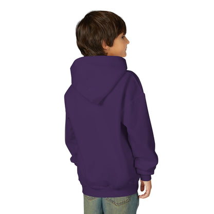 Child wearing a purple hoodie on a white background
