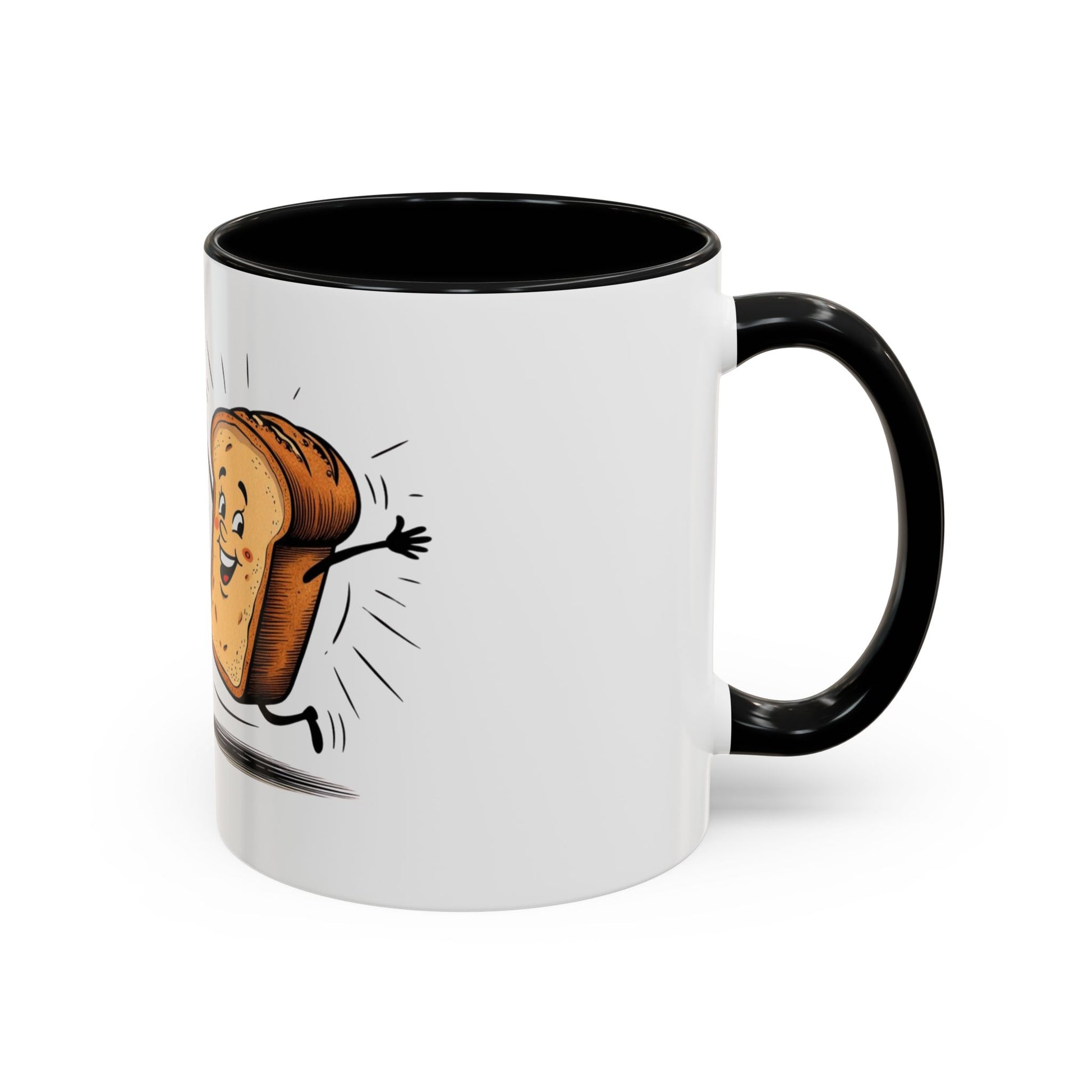A white ceramic coffee mug with a black interior, featuring an illustration of a bread character with the words 'on a roll' and a smiling face.