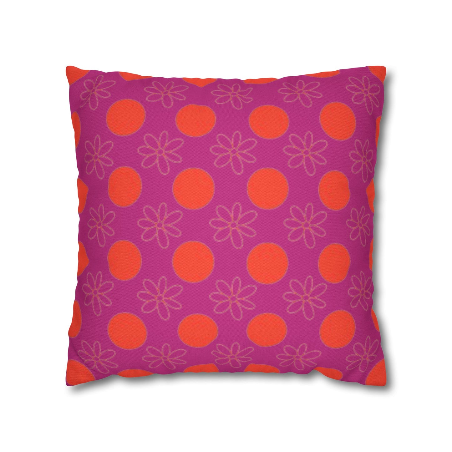 A square-shaped pillowcase with a pattern of orange circles and flowers on a purple background.