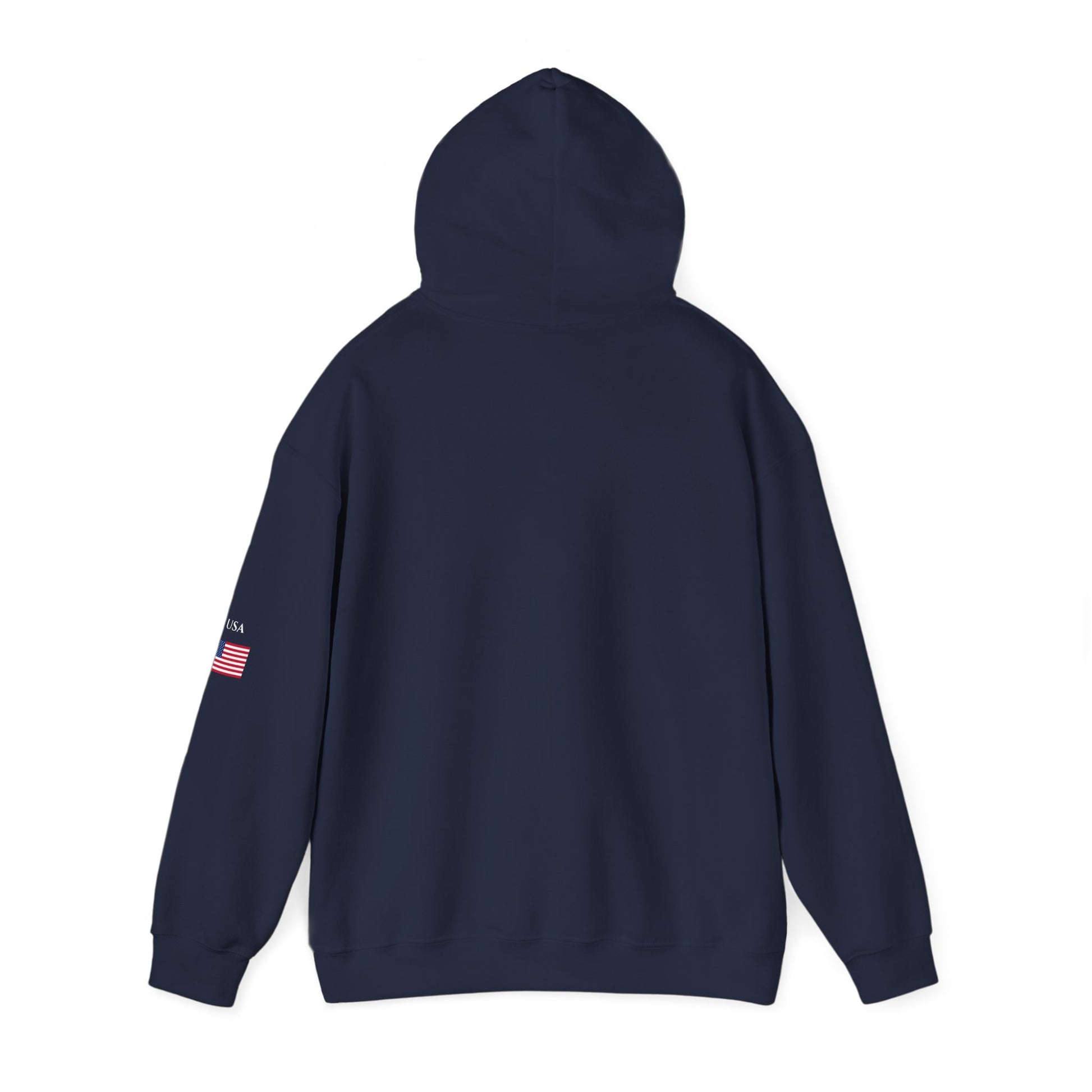 Navy blue hoodie with a small American flag patch on the sleeve, shown from the back.