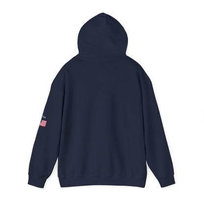 Navy blue hoodie with a small American flag patch on the sleeve, shown from the back.