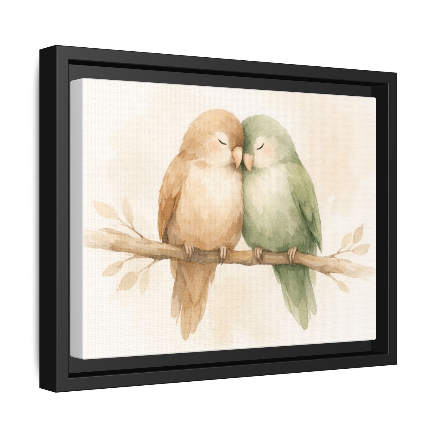Framed artwork of two birds on a branch with a black frame.