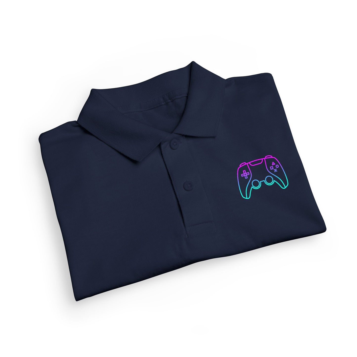 Folded black polo shirt with blue logo on a white background