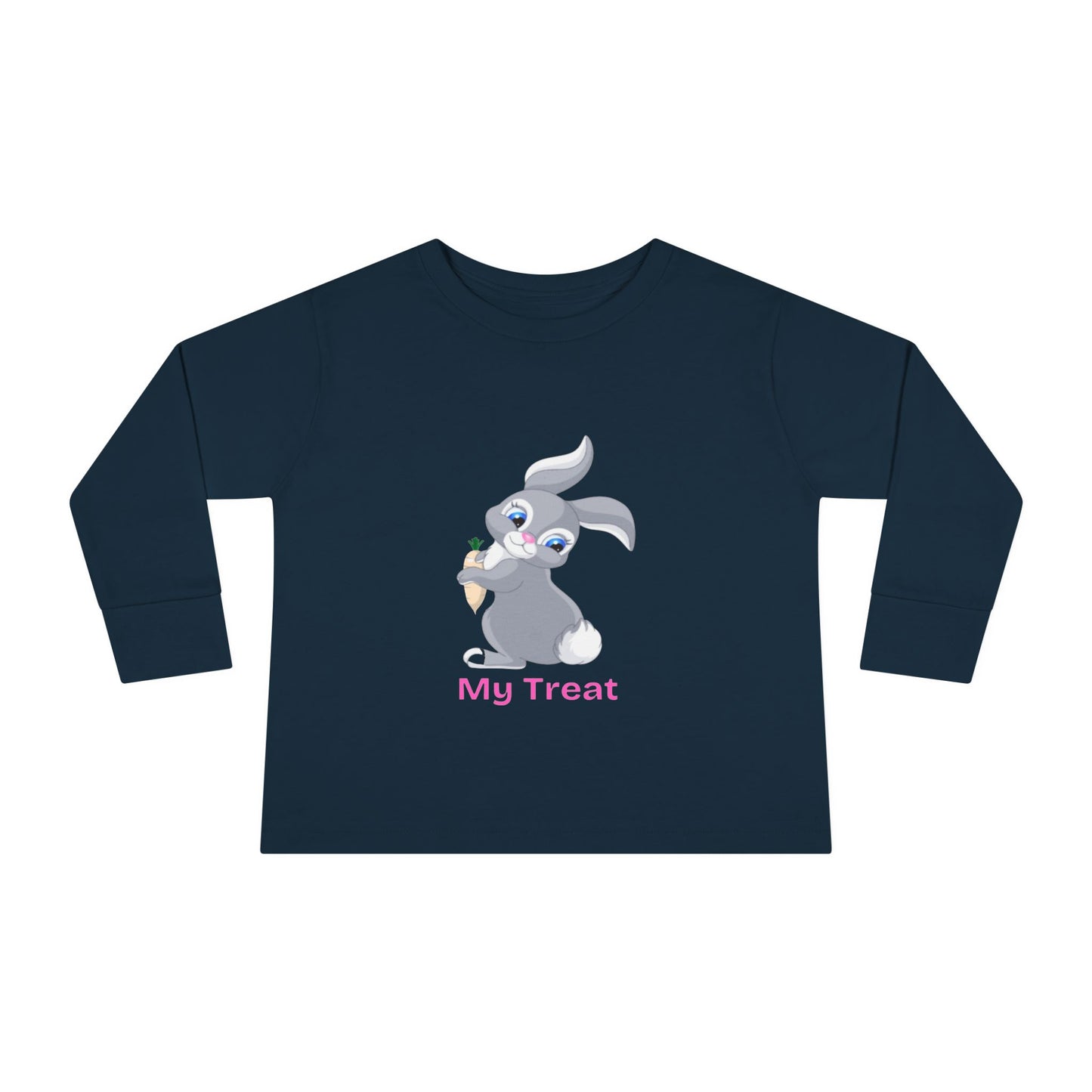 Navy blue long-sleeve shirt with a cartoon bunny holding a leaf and 'My Treat' text on a white background.