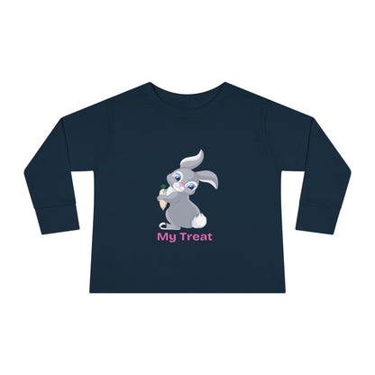 Navy blue long-sleeve shirt with a cartoon bunny holding a leaf and 'My Treat' text on a white background.