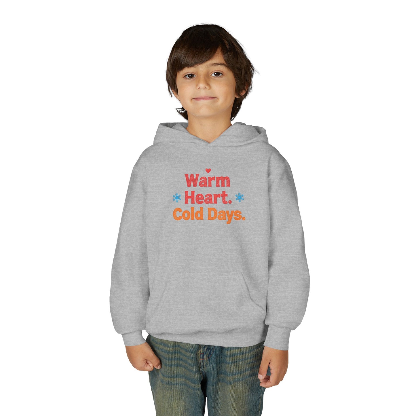 Child wearing a gray hoodie with 'Warm Heart, Cold Days' text on a white background