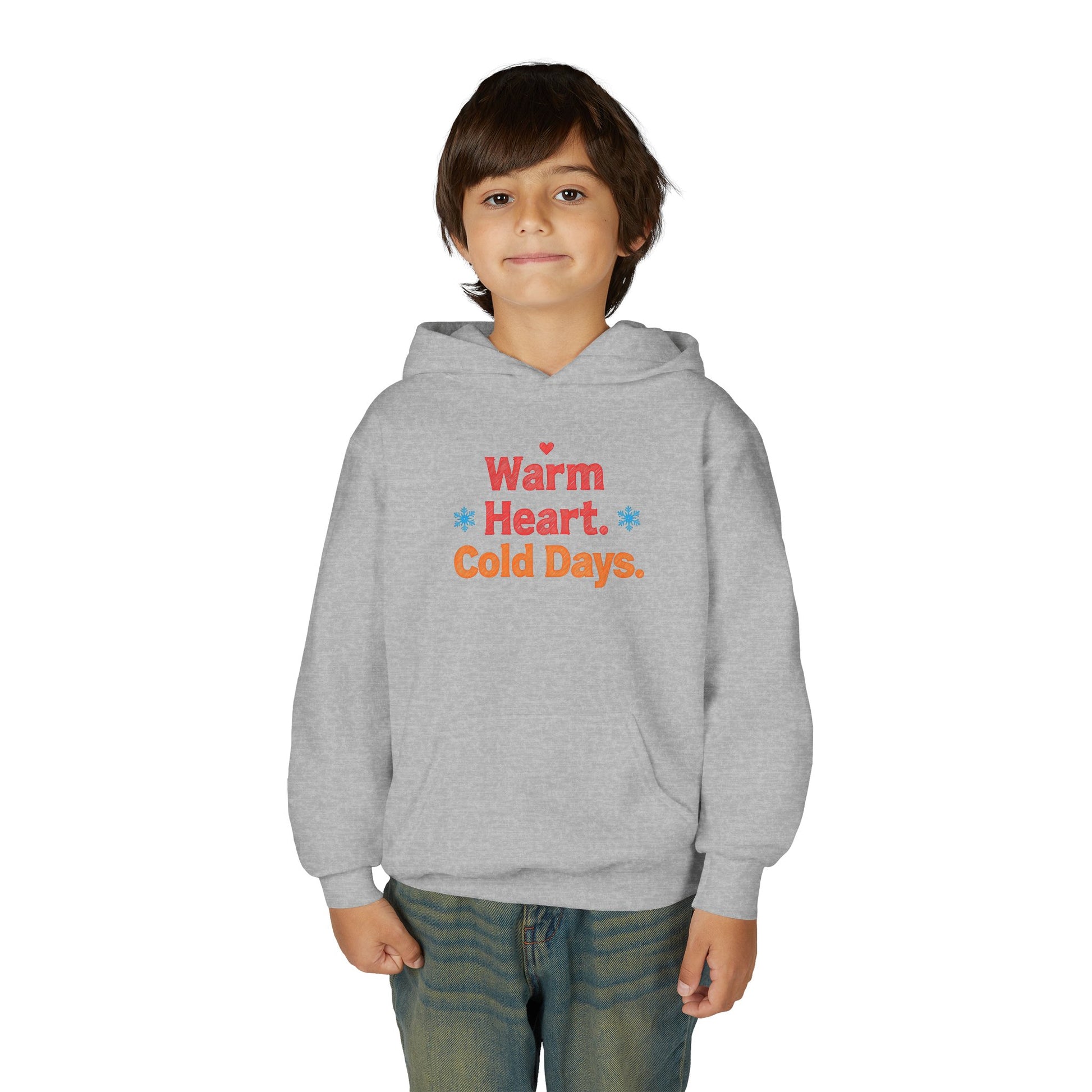 Child wearing a gray hoodie with 'Warm Heart, Cold Days' text on a white background