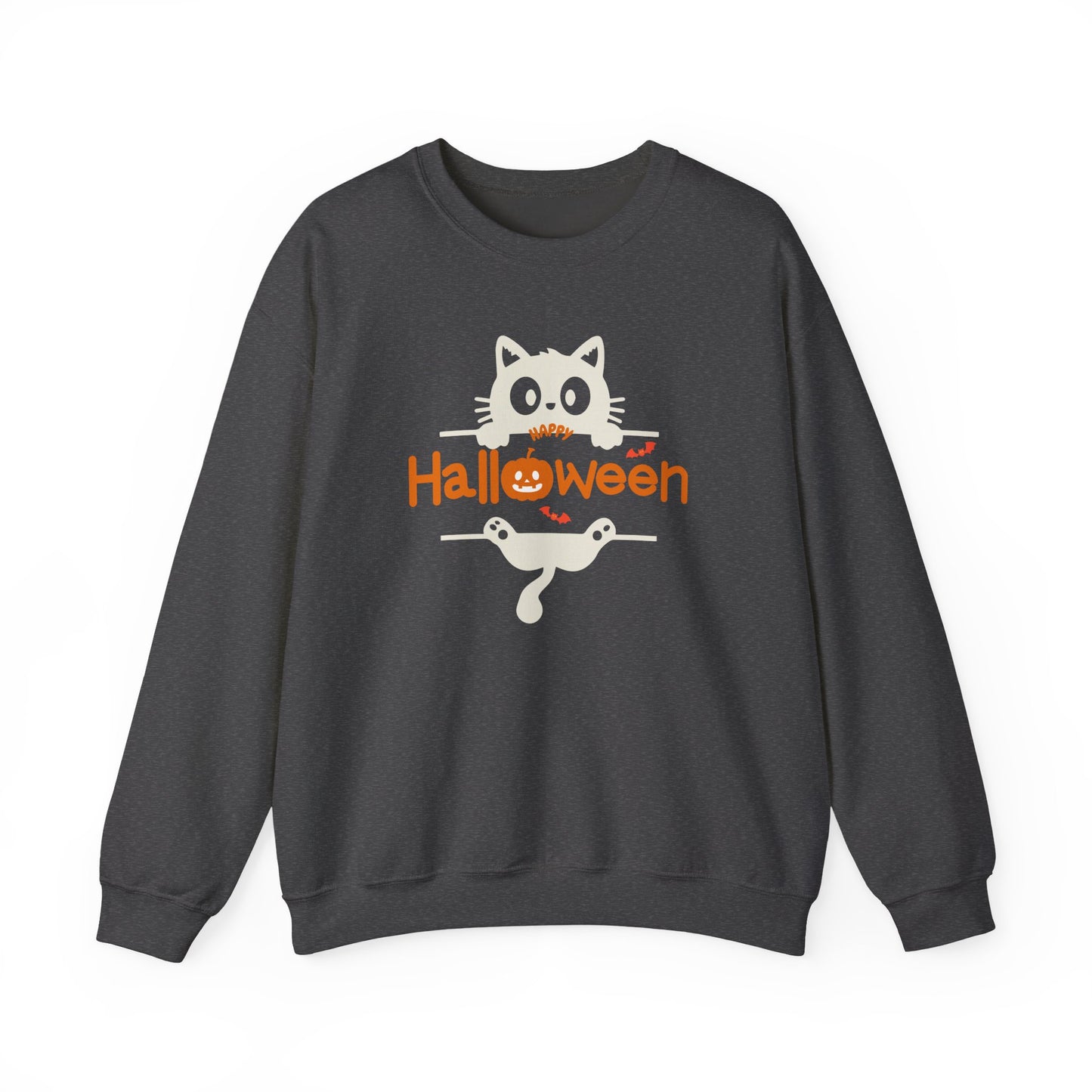 A dark gray crewneck sweatshirt featuring a cartoon graphic of a white cat holding a broom on a Halloween-themed background.