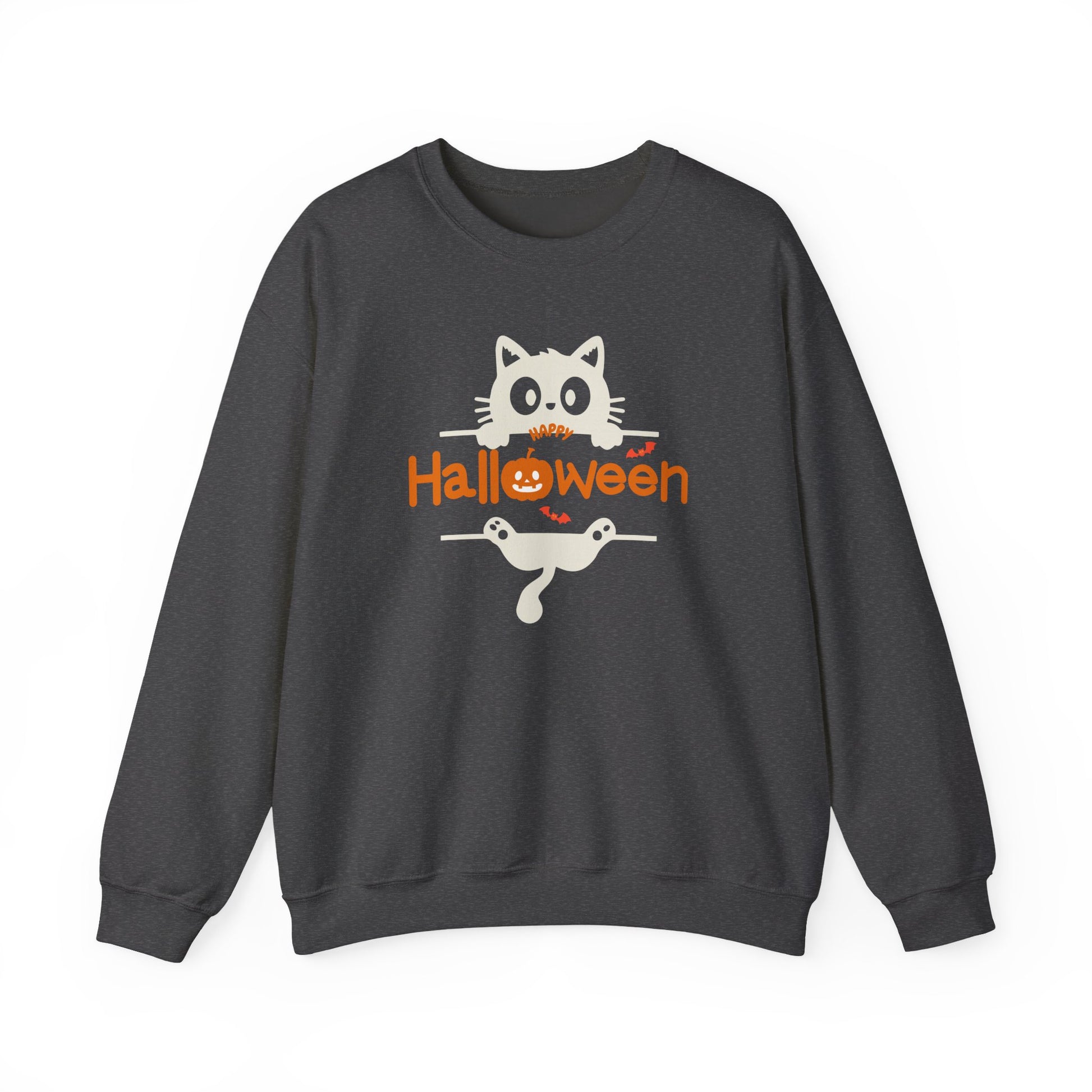 A dark gray crewneck sweatshirt featuring a cartoon graphic of a white cat holding a broom on a Halloween-themed background.