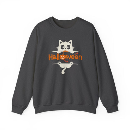 A dark gray crewneck sweatshirt featuring a cartoon graphic of a white cat holding a broom on a Halloween-themed background.