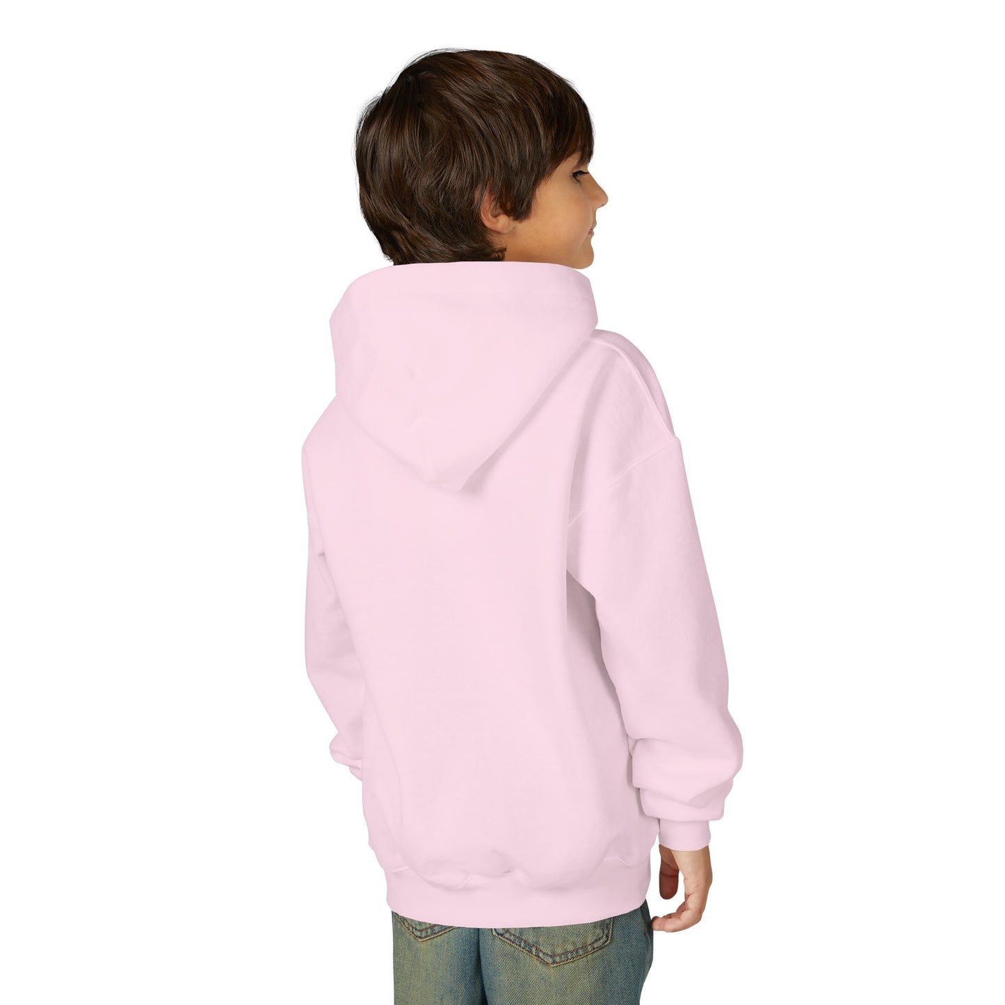 Child wearing a light pink hoodie on a white background