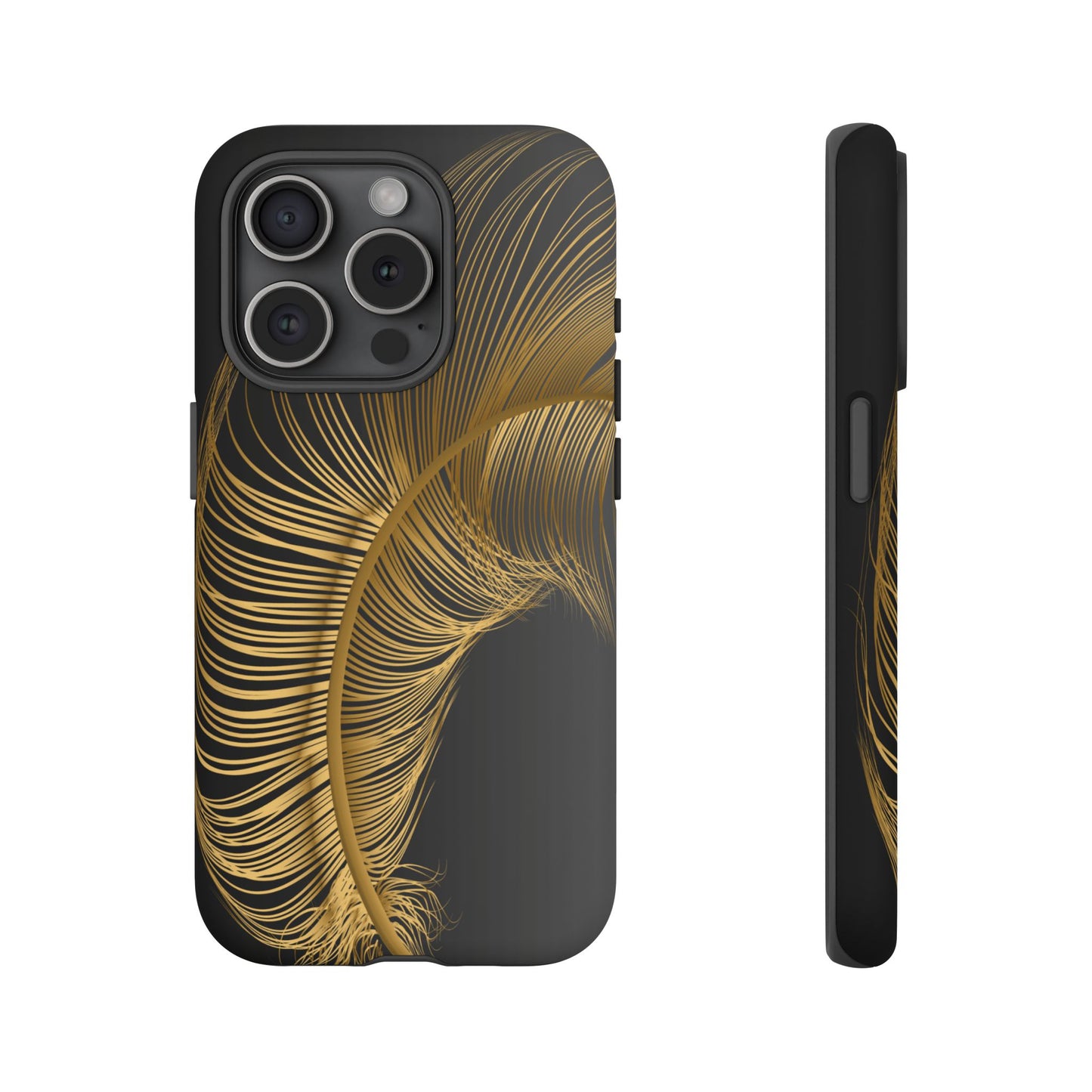 matte black i phone 15 pro case with golden feather design- stylish and drable